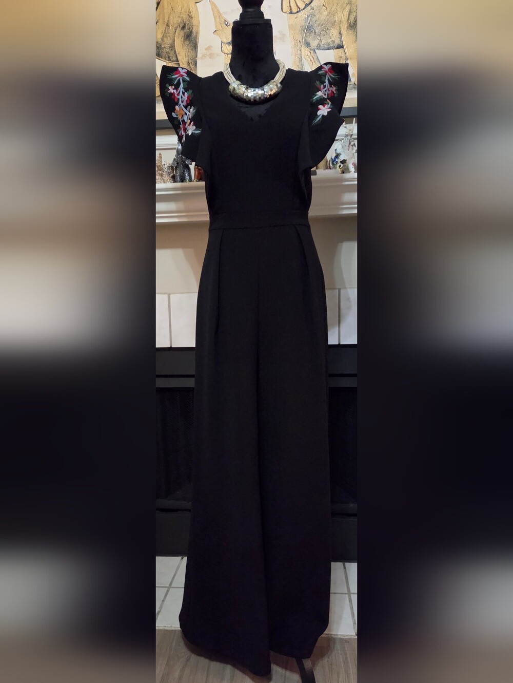 Sugarlips Black Wide-Leg Jumpsuit with Floral Sleeve Embroidery